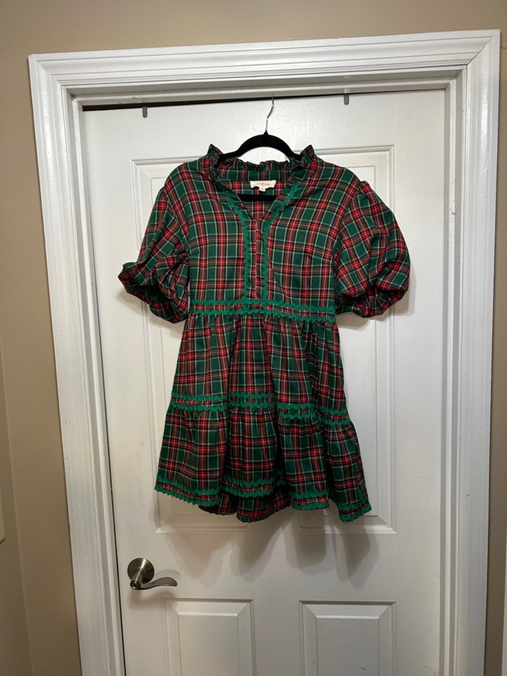 Peach Love California Green and Red Plaid Mini Dress with Ruffle Trim